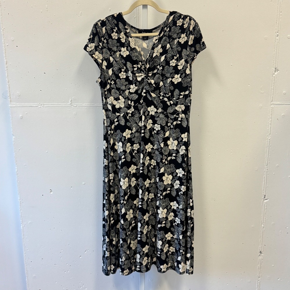 Style & Co Black White Floral Twist Front Midi Dress Size L Short Sleeve Stretch